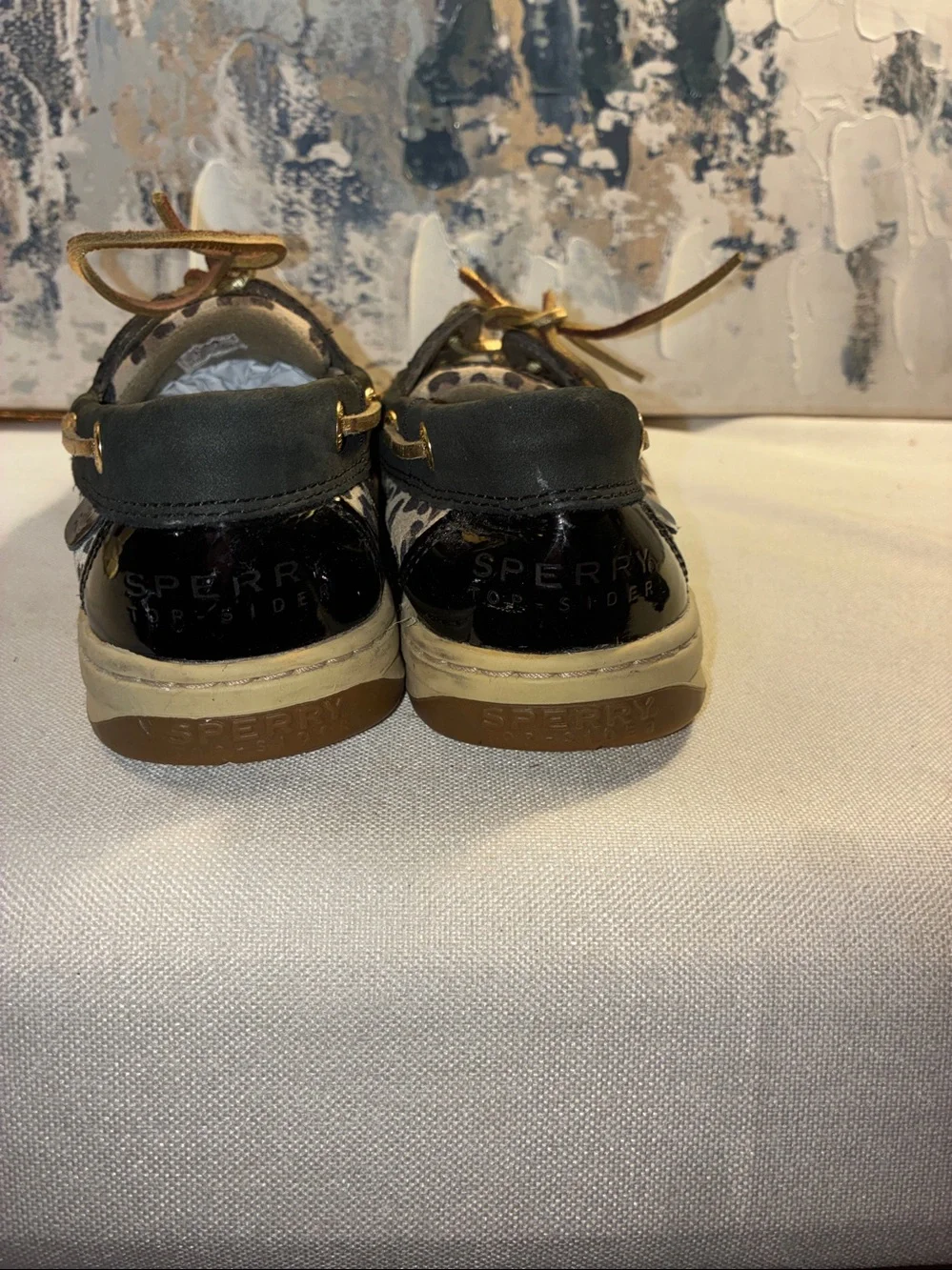 Genuine Sperry Black Leather Boat Shoes with Leopard Accent - Women’s Size 7.5
